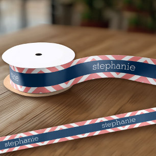 Coral and Navy Blue Chevrons Custom Name Satin Ribbon