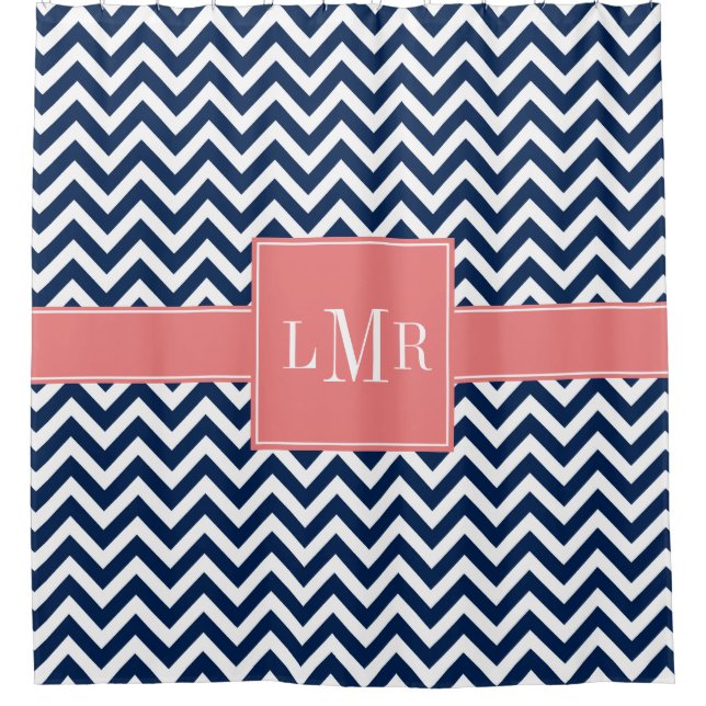 Coral and Navy Blue Chevrons Monogram Shower Curtain (Front)