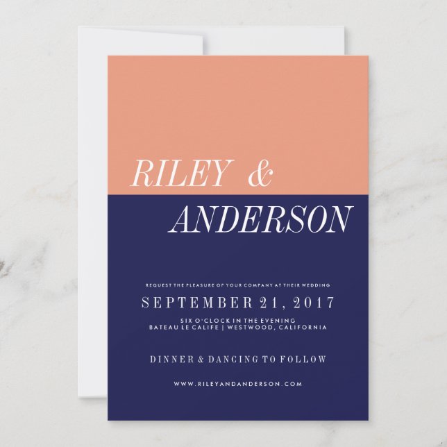 Coral And Navy Blue Colour Block Wedding Invitatio Invitation (Front)