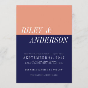 Coral And Navy Blue Colour Block Wedding Invitatio Invitation