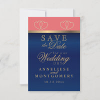 Coral and Navy Blue Gold Hearts - Save the Date