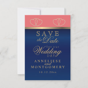 Coral and Navy Blue Gold Hearts - Save the Date