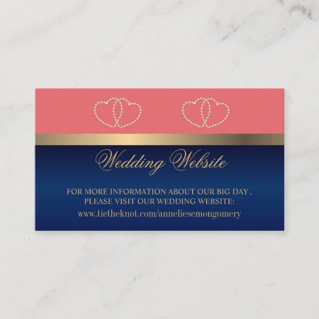 Coral and Navy Blue Gold Hearts Website Enclosure Card (Front)