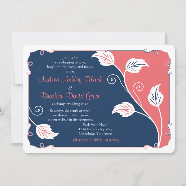 Coral and Navy Blue Leafy Vine Floral Wedding Invitation (Front)