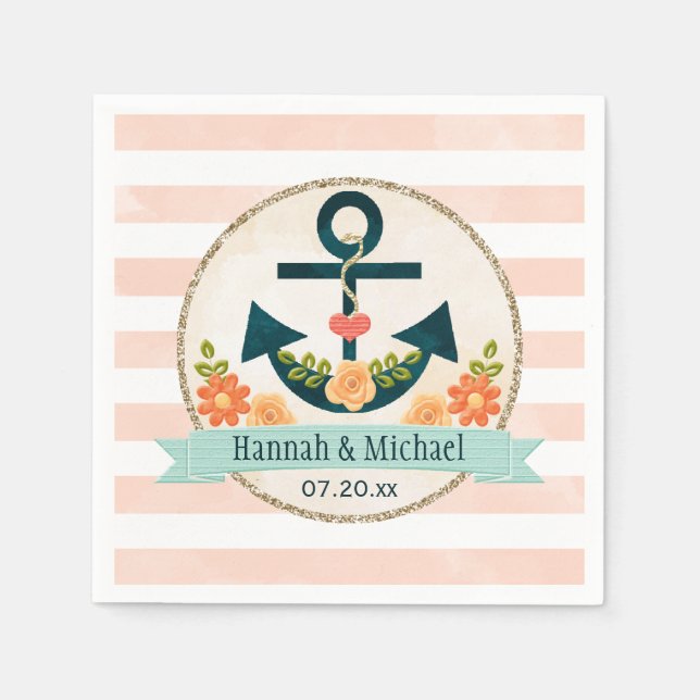 Coral and Navy Blue Nautical Anchor Wedding Napkin (Front)