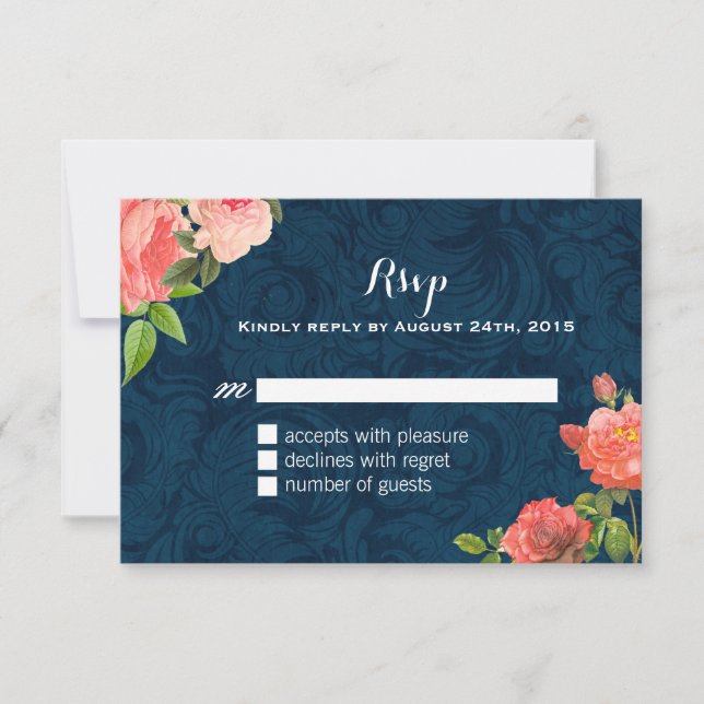 Coral and Navy Blue Shabby Chic RSVP Cards (Front)