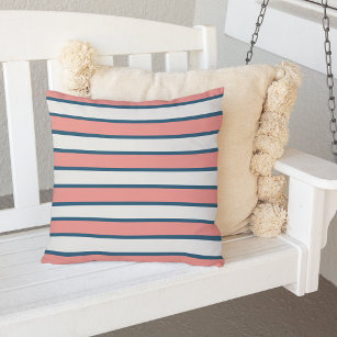 Coral and Navy Blue Summer Stripe Outdoor Cushion