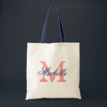 Coral and navy blue wedding tote bag with monogram<br><div class="desc">Coral and navy blue wedding tote bag with personalised monogram. Vintage style design. Make one for bridesmaids,  flower girls,  maid of honour,  mother of the bride etc. Elegant script text for name.</div>