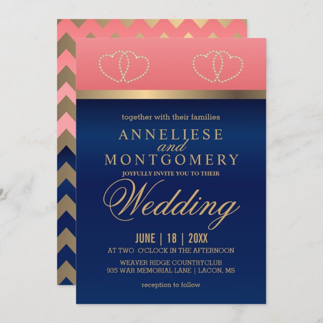 Coral and Navy Blue with Gold Hearts - Invitation (Front/Back)