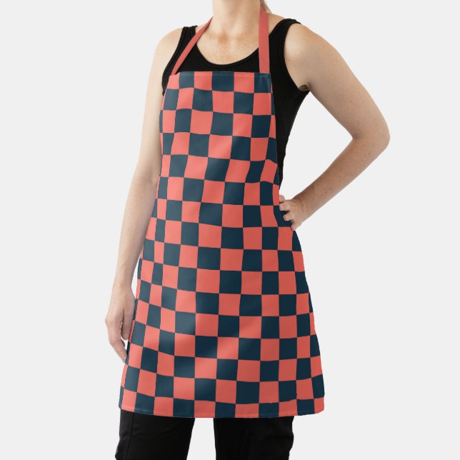 Coral and navy checkerboard pattern apron (Insitu)