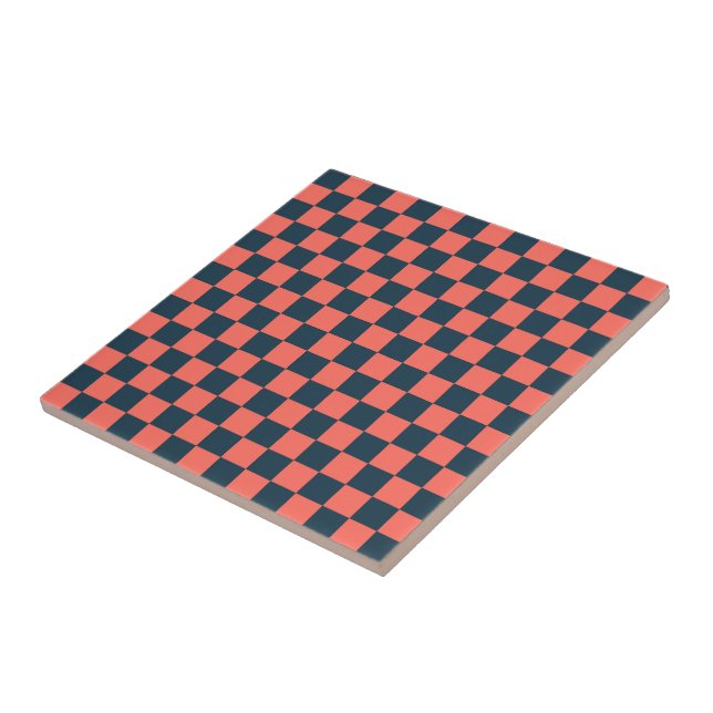 Coral and navy chequerboard pattern ceramic tile (Side)