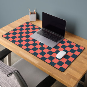 Coral and navy chequerboard pattern desk mat
