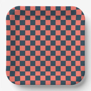 Coral and navy chequerboard pattern paper plate