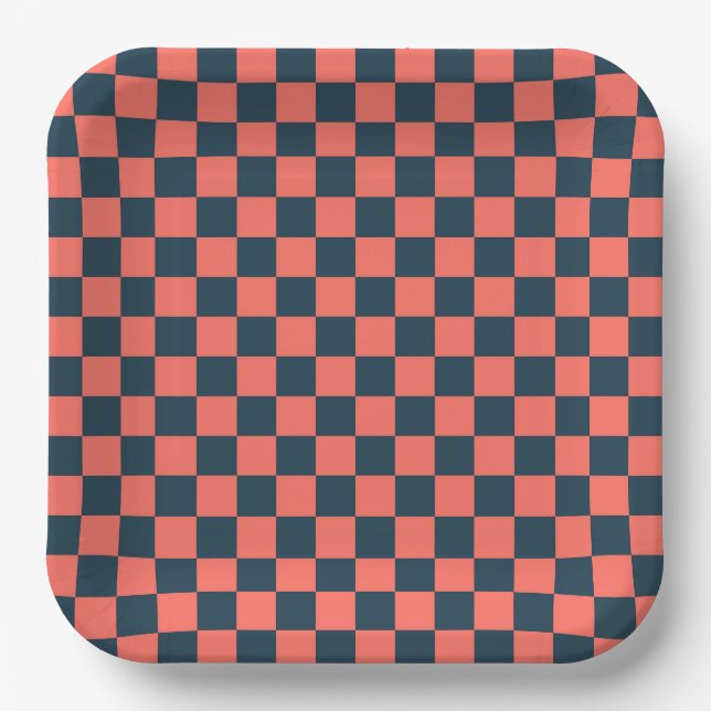 Coral and navy chequerboard pattern paper plate (Front)