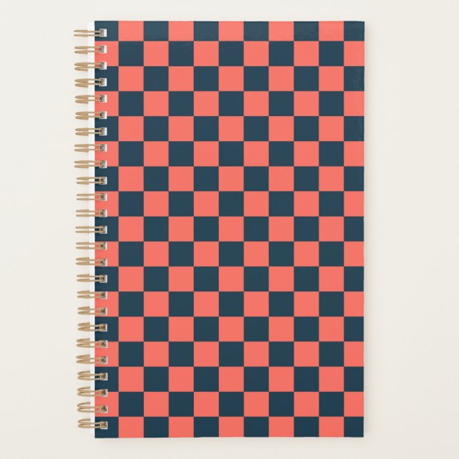 Coral and navy chequerboard pattern planner (Front)