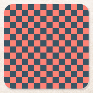 Coral and navy chequerboard pattern square paper coaster