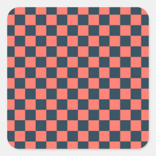 Coral and navy chequerboard pattern square sticker