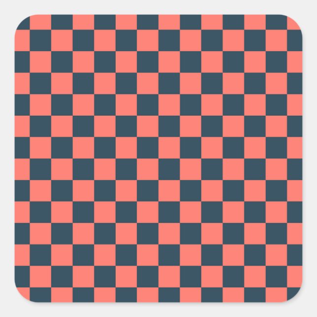 Coral and navy chequerboard pattern square sticker (Front)