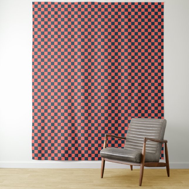 Coral and navy chequerboard pattern tapestry (In Situ)