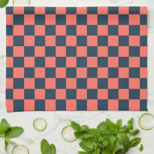 Coral and navy chequerboard pattern tea towel