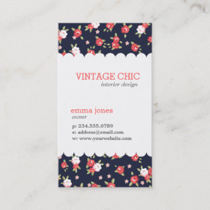 Coral and Navy Chic Vintage Floral Print Business Card