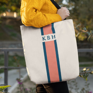 Coral and Navy   Classic Stripe Monogram Tote Bag