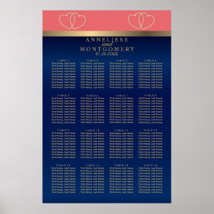 Coral and Navy Gold Hearts - 16 Seating Chart