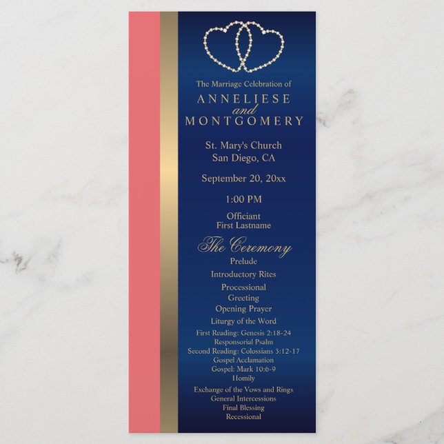 Coral and Navy Gold Hearts  - Program (Front)