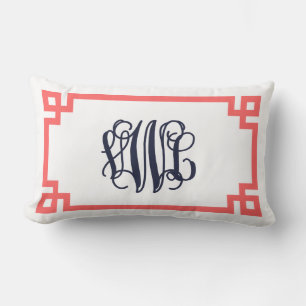 Coral and Navy Greek Key Script Monogram Lumbar Cushion