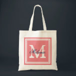 Coral and navy monogram wedding party tote bags<br><div class="desc">Custom coral and navy blue monogrammed wedding party tote bags. Personalised name monogram tote bag | Customisable colour background. Elegant logo design with letter initials and fancy border frame. Cute vintage gift idea for bride and brides entourage. Make your own for trendy bridesmaid, maid of honour, flower girls, mother of...</div>
