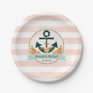 Coral and Navy Nautical Anchor Wedding Shower Paper Plate