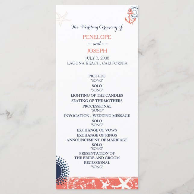 Coral and Navy Nautical Wedding Program (Front)