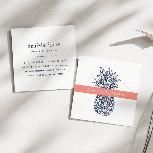 Coral and Navy Pineapple Square Business Card (Creator Uploaded)