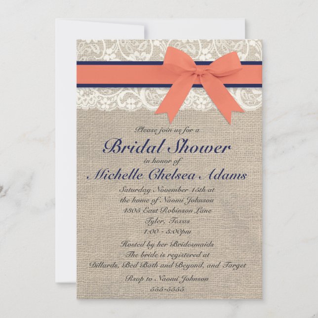 Coral and Navy Ribbon Rustic Bridal Shower Invitation (Front)