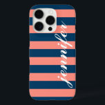 Coral and Navy Stripes Custom Script Monogram Name iPhone 16 Pro Case<br><div class="desc">Dress up and protect your iphone with a preppy,  modern and bold striped pattern design that is custom monogrammed with your first name in a lowercase script font.  Dark navy / indigo blue and coral pink / peach horizontal stripes contrasted with white text.</div>