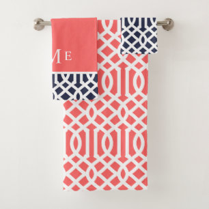 Coral and Navy Trellis Monogram Bath Towel Set