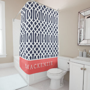 Coral and Navy Trellis Monogram Shower Curtain