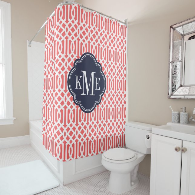 Coral and Navy Trellis Monogram Shower Curtain (In Situ)