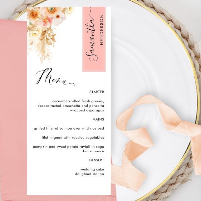 Coral and Peach Blush Personalised with Guest Name Menu (Creator Uploaded)