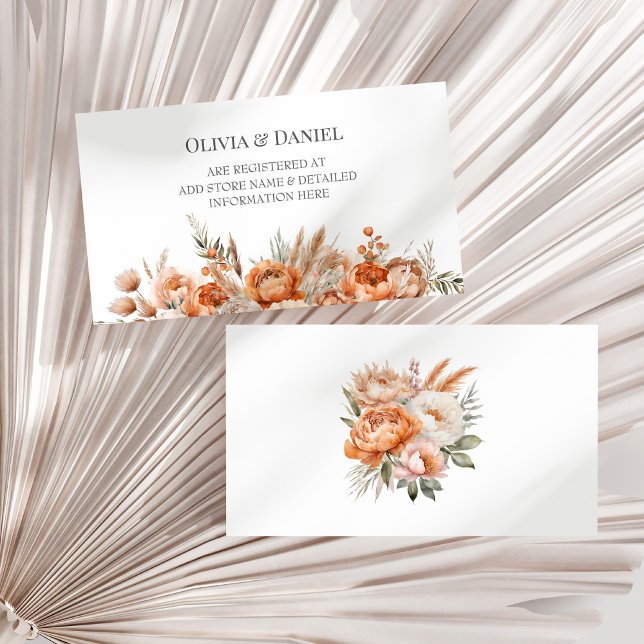 Coral and Peach Dry Flower Wedding Registry Enclosure Card (Coral and Peach Dry Flower Wedding Registry Enclosure Card on a sunny neutral dry palm leaf.)