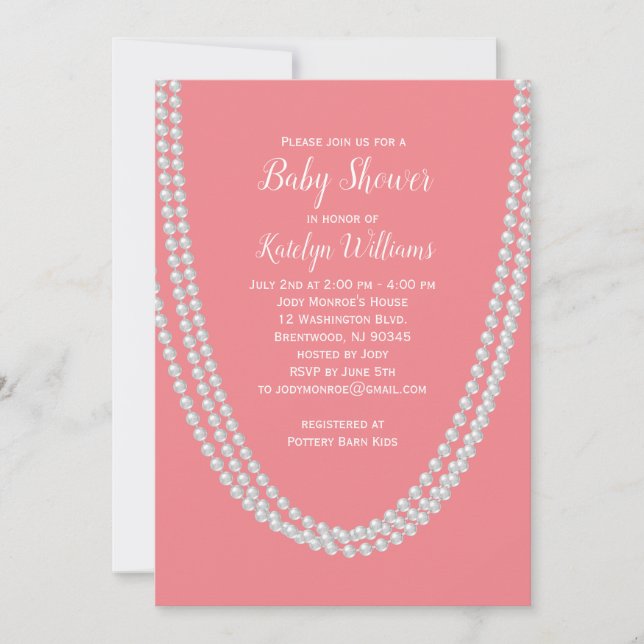 Coral and Pearls Baby Shower Invite white (Front)