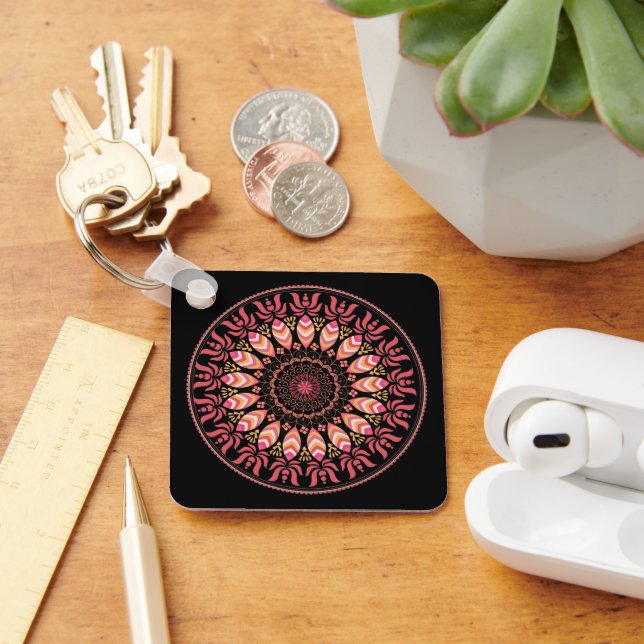 Coral And Pink Feather Mandala Keychain (Desk)