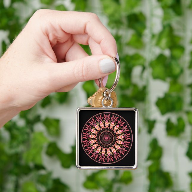 Coral And Pink Feather Mandala Keychain (Hand)