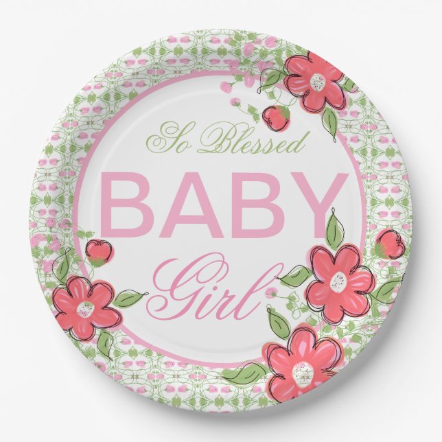 Coral and Pink Flowered Baby Shower Paper Plates (Front)