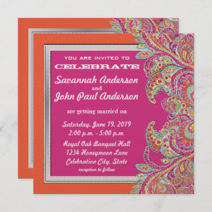 Coral and Pink Paisley Peacock Wedding Invitations