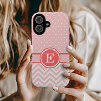 Coral and Pink Preppy Chevron Dots Monogram
