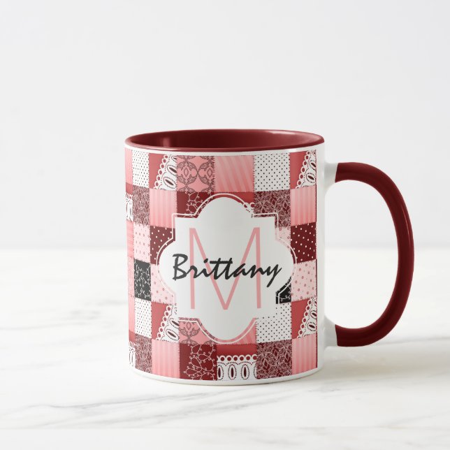 Coral and Red Patchwork Quilt Design Monogram Mug (Right)