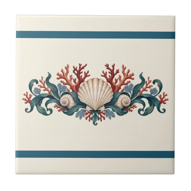 Coral and Seashell Custom Colour Frieze Ceramic Tile (Coral & seashells in the original ivory palette. Personalize the background and the two independent bands in the design editor.)