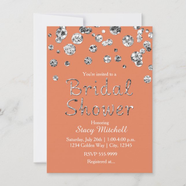 Coral and Silver Glitter Bridal Shower Invitation (Front)