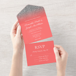 Coral and Silver Ombre Glitter Wedding All In One Invitation